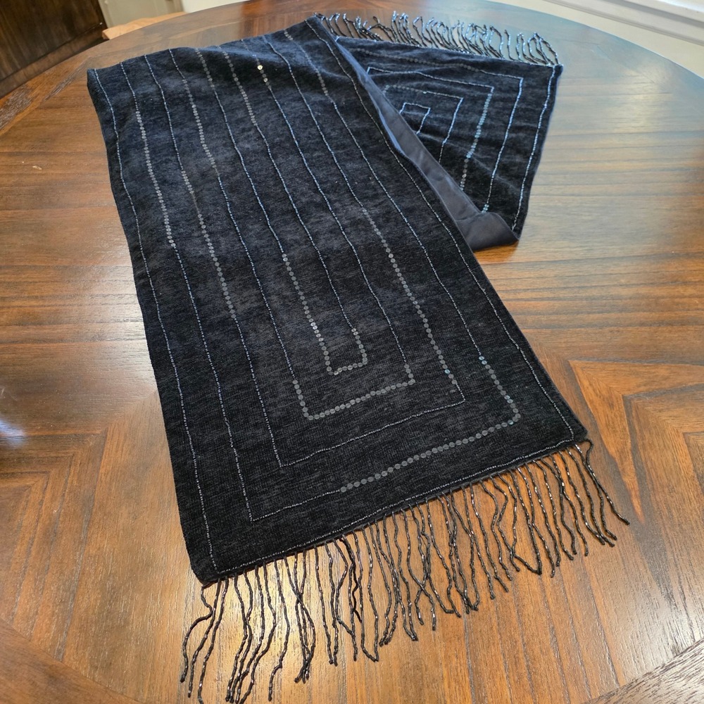 Endless Possibilities Black Beaded Sequin Table Runner 14x72 Geometric Fringe